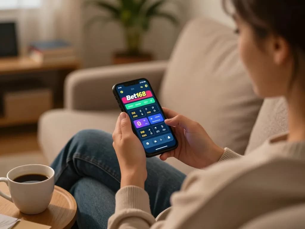 Engaged player using Bet168 mobile app for online betting in a cozy home setup.