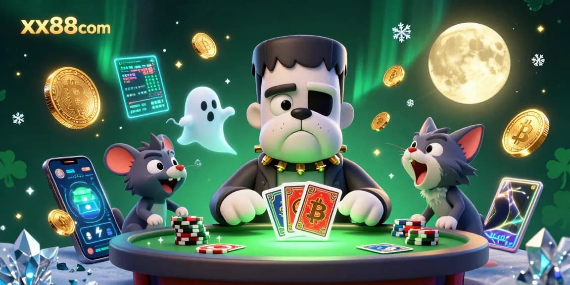 Experience thrilling gameplay at xx88com with a cartoon Frankenstein bulldog dealing cards in a vibrant casino scene.