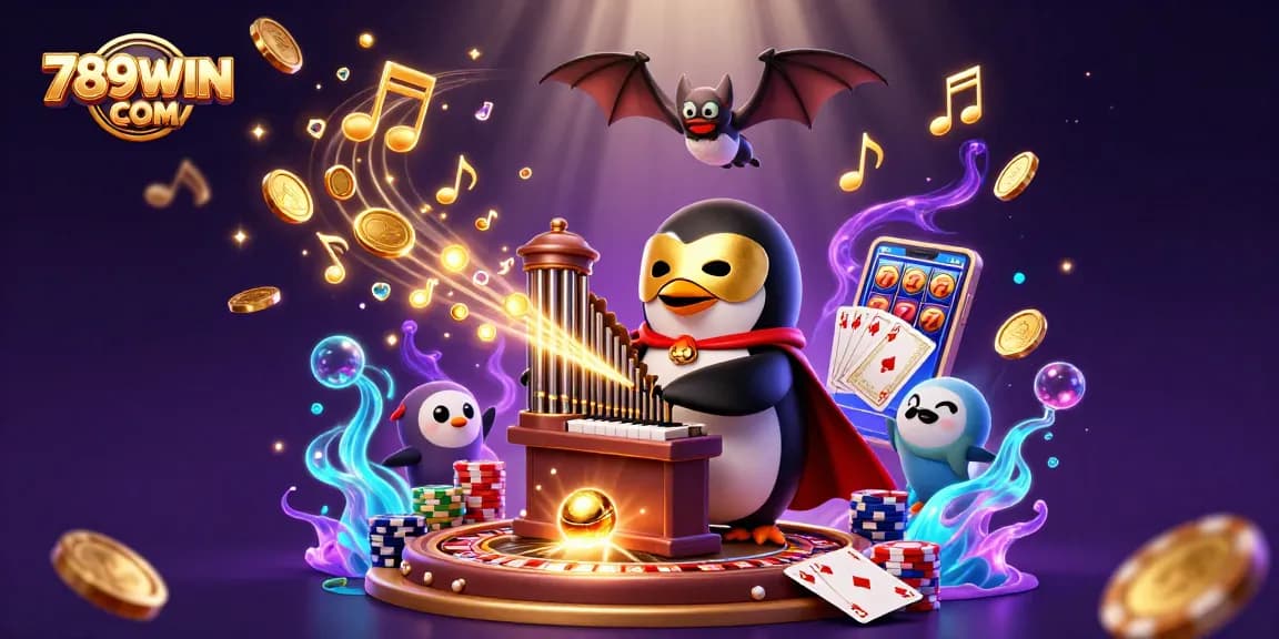 Win big at 789WIN COM with exciting casino games, featuring a penguin playing organ and gold coins flying everywhere.