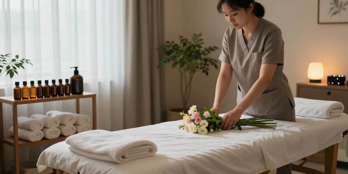 Therapist preparing for 백석출장마사지 in a calming wellness room with soothing decor.