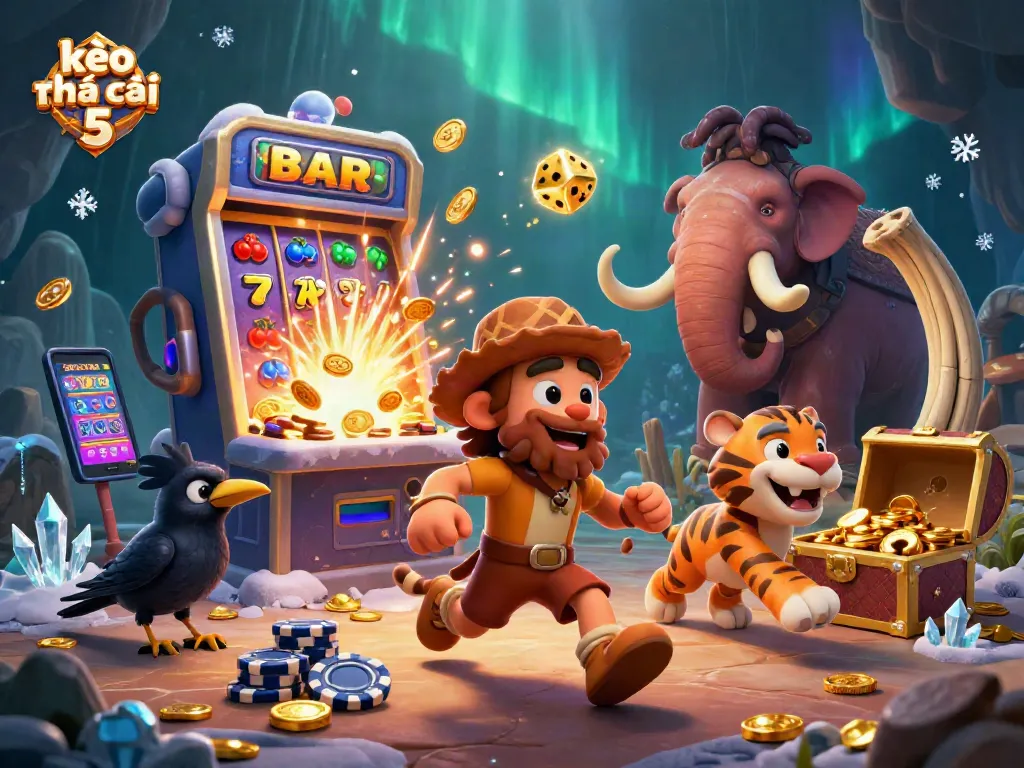 Experience the thrill of kèo nhà cái 5 at a vibrant prehistoric casino with dynamic slot machines and engaging characters.