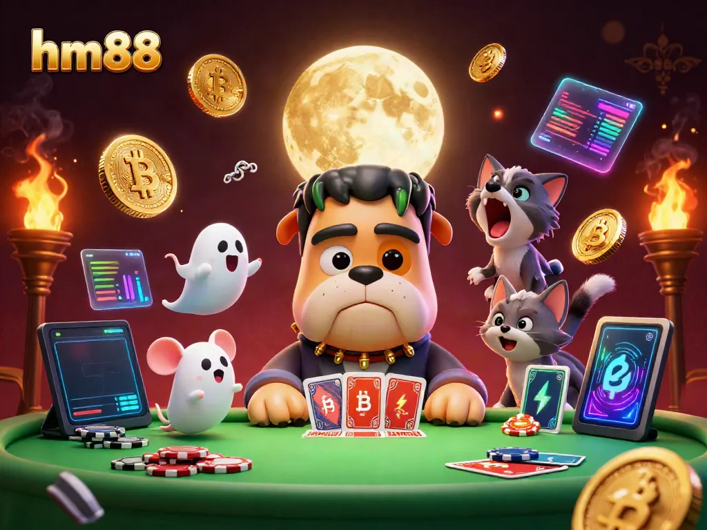 Engage in thrilling card games at hm88 with a whimsical scene featuring a Frankenstein bulldog dealer, ghost mouse, and werewolf kitten.