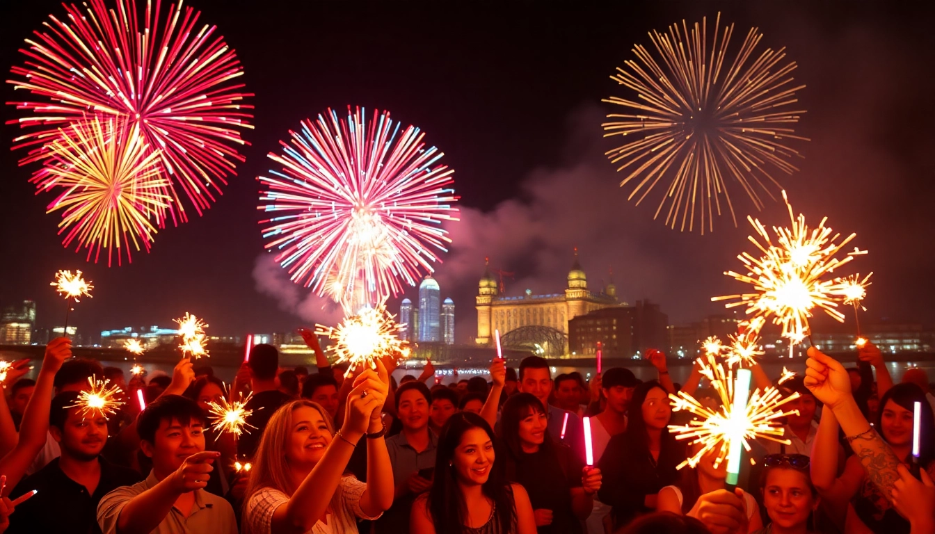 Witness a spectacular display of manchester fireworks illuminating the sky above a bustling crowd.
