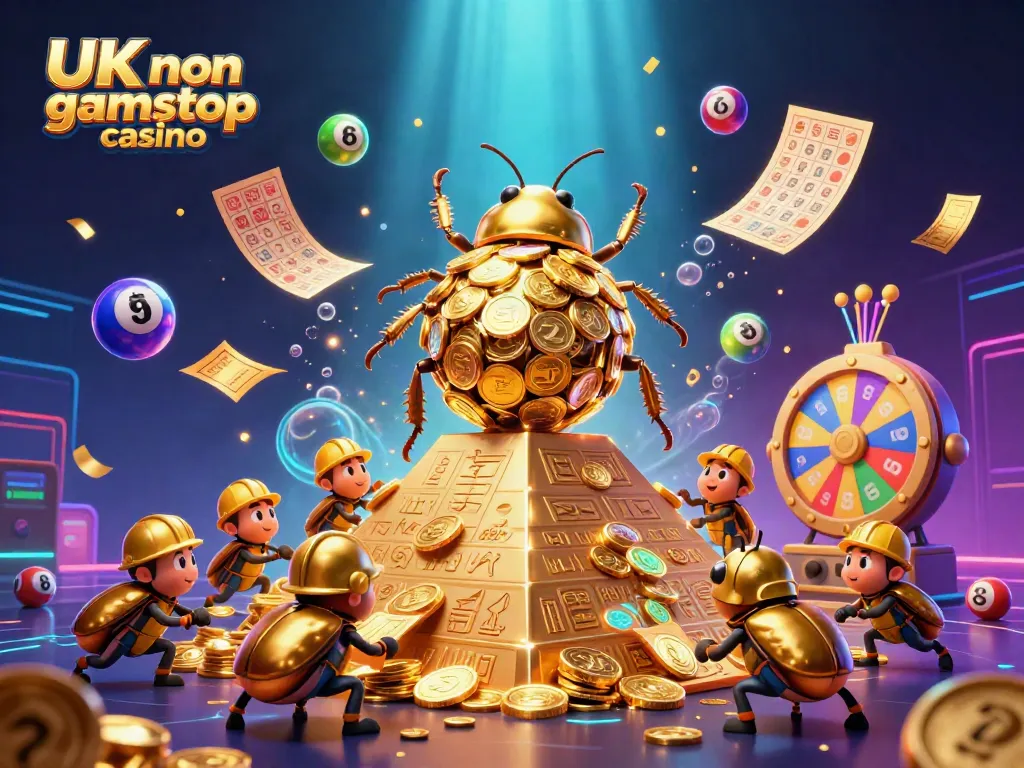 Engaging 3D casino scene depicting UK non gamstop casino elements, featuring a golden beetle and bouncing lottery balls.