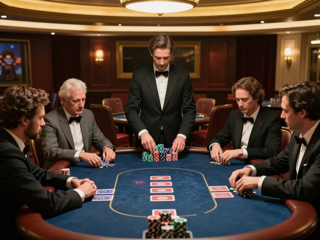 Exciting high-stakes poker game in a luxurious setting at net88 with engaged players and strategic atmosphere.