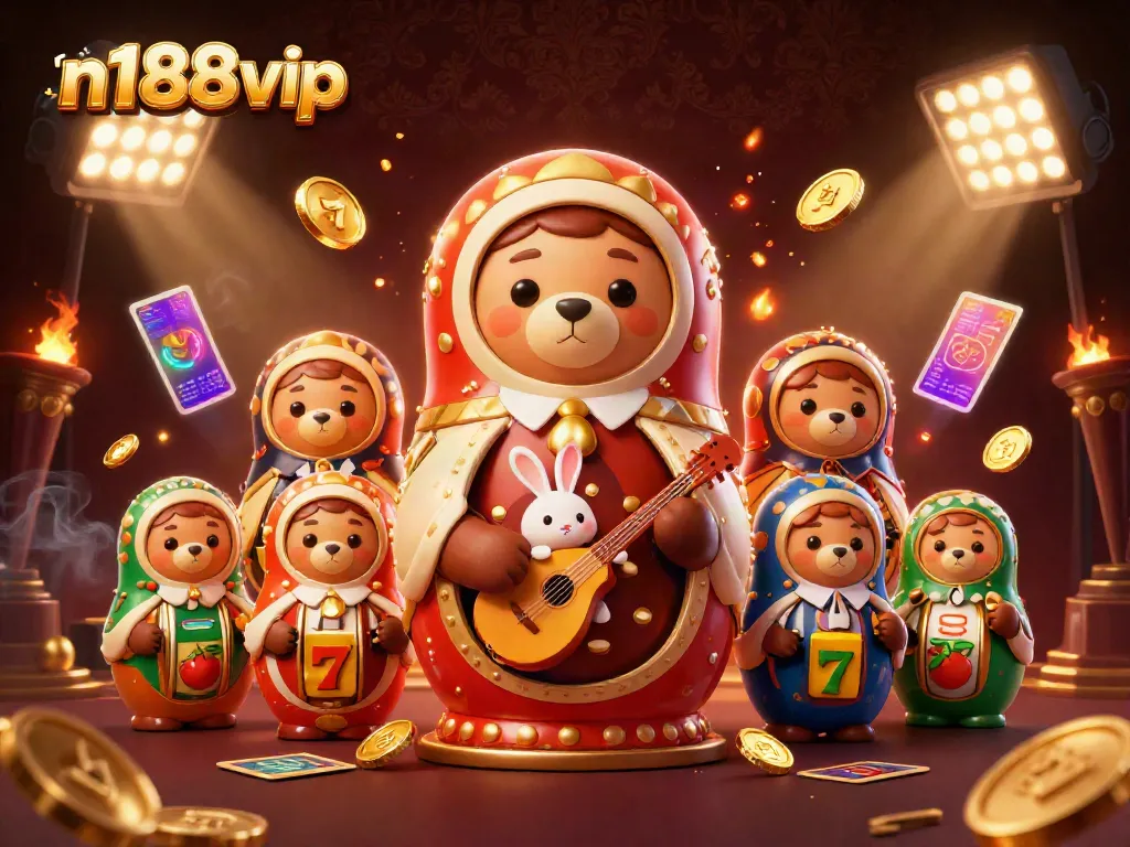 Engage with n188vip's vibrant 3D casino world with dynamic slot reels and playful characters.