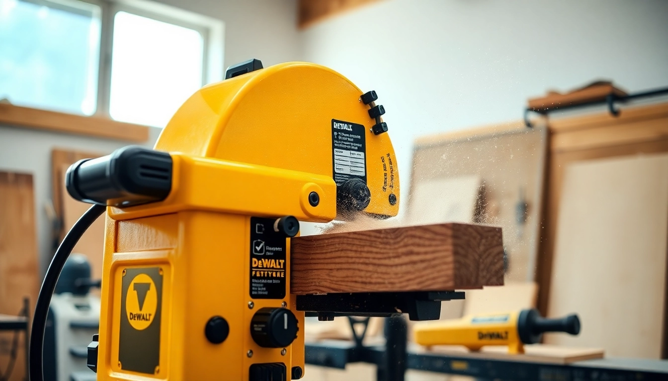 Dewalt bandsaw expertly cuts hardwood with precision in a bright workshop.