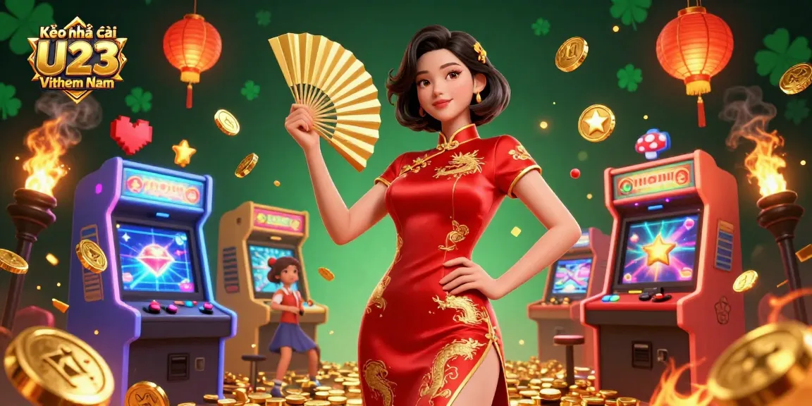 Engaging Kèo nhà cái U23 Việt Nam scene featuring a beautiful Asian woman in a striking qipao, surrounded by gold coins and game elements.