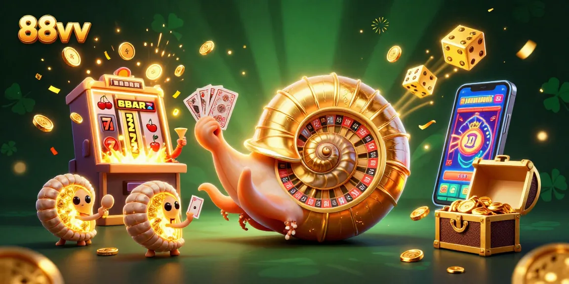 Experience the thrill of winning at 88vv with a vibrant casino scene featuring games and golden treasures.