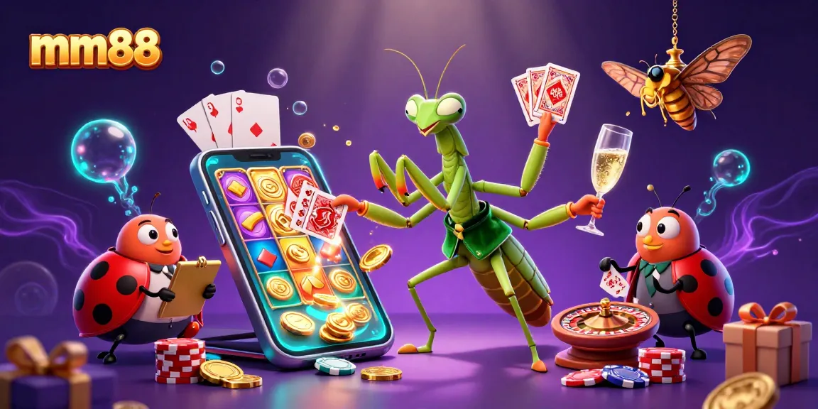 mm88 showcases engaging card games featuring a giant praying mantis dealer and an attractive ladybug pit boss.