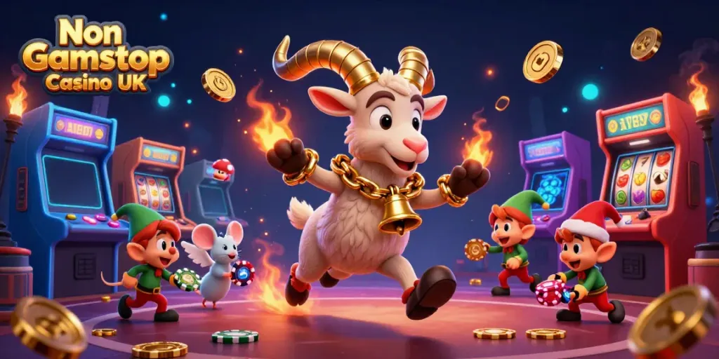 Experience the thrill of gaming at a Non Gamstop Casino UK, showcasing vibrant characters in a festive casino setting.
