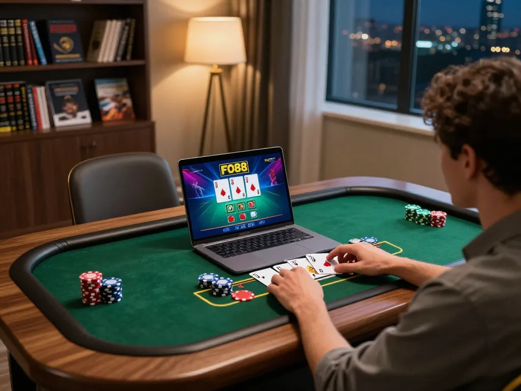 Engaging in an exciting game of blackjack on FO88 at a modern home setup, highlighting casino atmosphere.