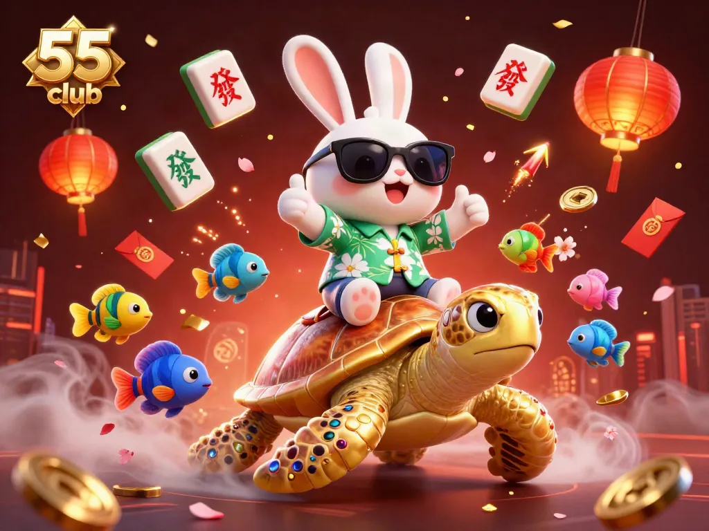 A 3D lucky rabbit and golden turtle represent 55 club, surrounded by vibrant casino elements