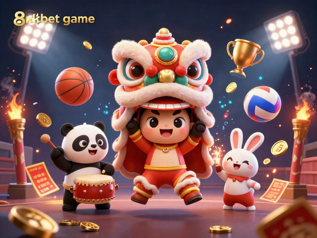 Engage in thrilling 8xbet game action with a dynamic 3D illustration featuring a festive lion dance, sports elements, and vibrant visuals.