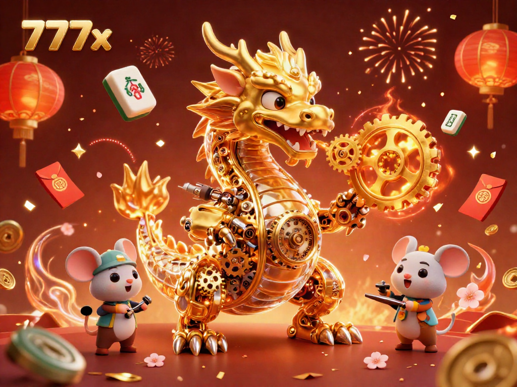 Experience the vibrant thrills of the 777x online casino with a dynamic scene featuring a golden dragon and festive game elements.