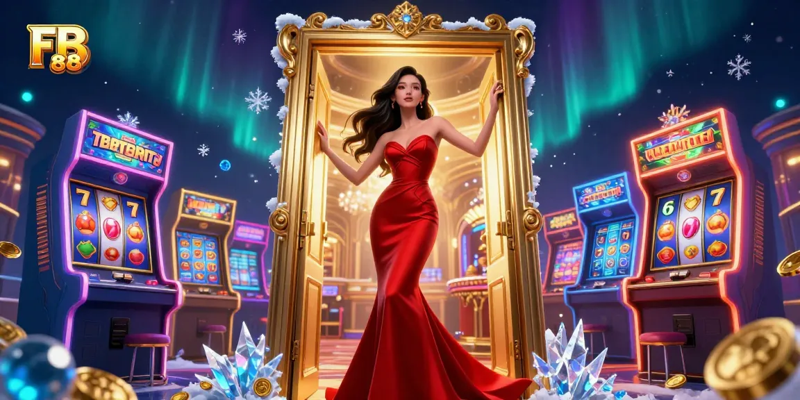 Engage with FB 88 at a luxurious casino with vibrant gaming elements and a striking character.