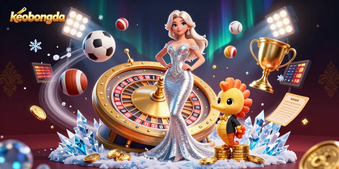 Engage with keobongda's dynamic gambling scene featuring a glamorous woman beside a roulette wheel.