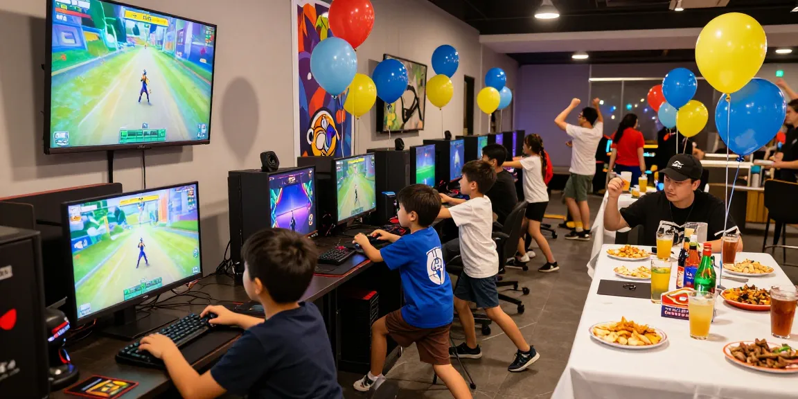 Gaming party London with kids enjoying a Fortnite tournament in a festive venue atmosphere.