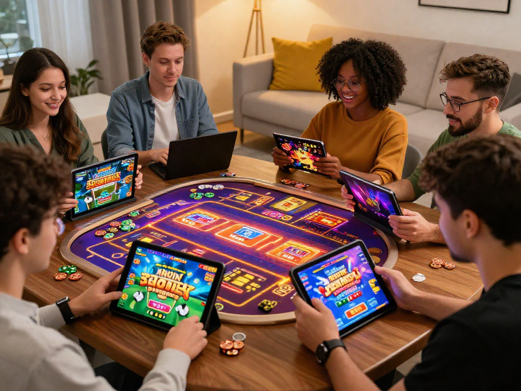 Players engaging with non-GamStop casinos at https://neccr.org.uk in a vibrant home setting, featuring diverse games and exciting bonuses.