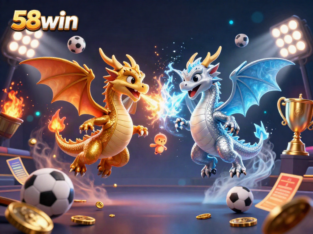 Experience the thrill of 58win with dynamic dragons and casino elements in a vibrant 3D illustration.