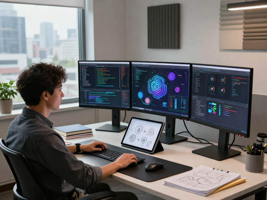 Developer coding juicy ai applications in a modern tech workspace with multiple monitors and creative elements.