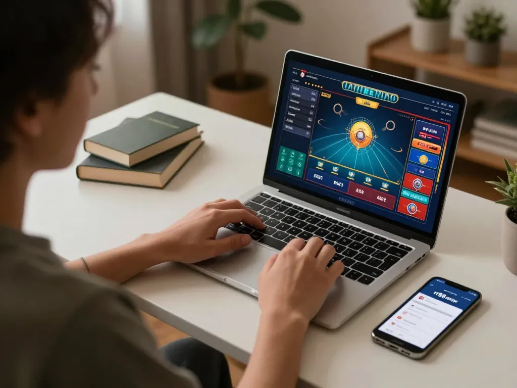 Player engaging in online gaming at rr88 center from home, showcasing laptop interface and smartphone app
