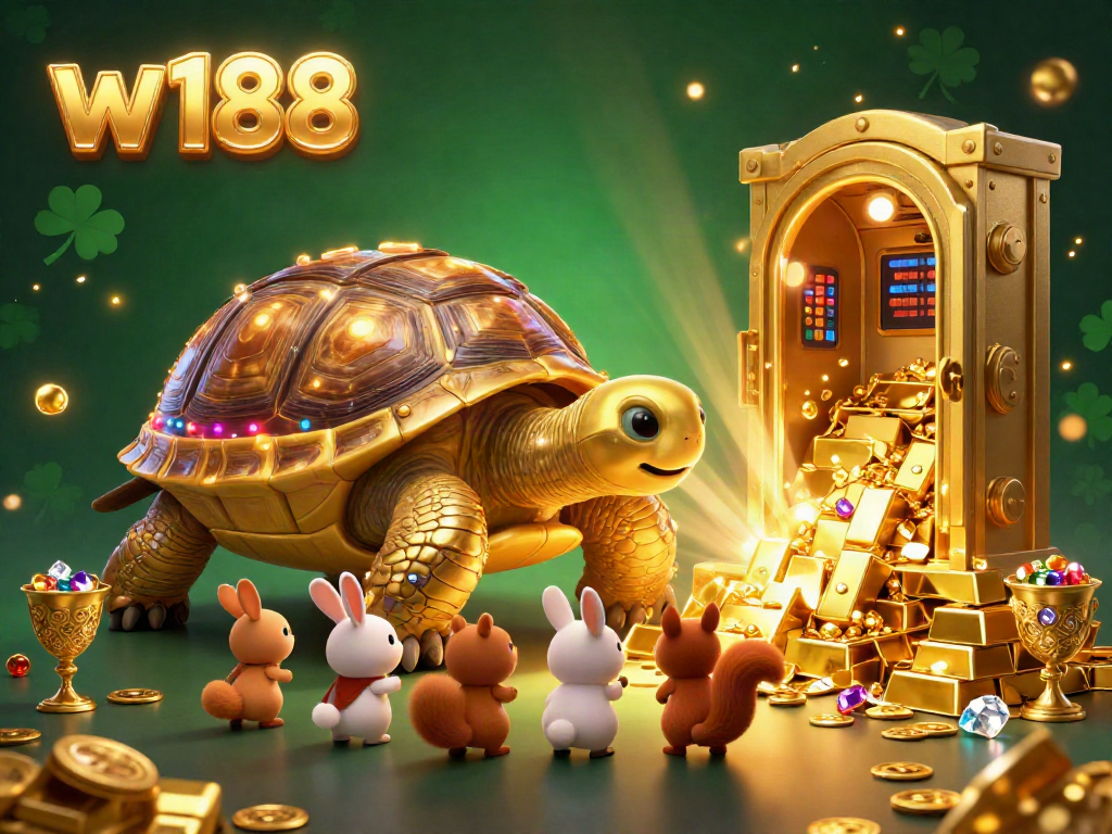 Experience the excitement of w188 with a golden tortoise pinball machine surrounded by treasure and eager players.