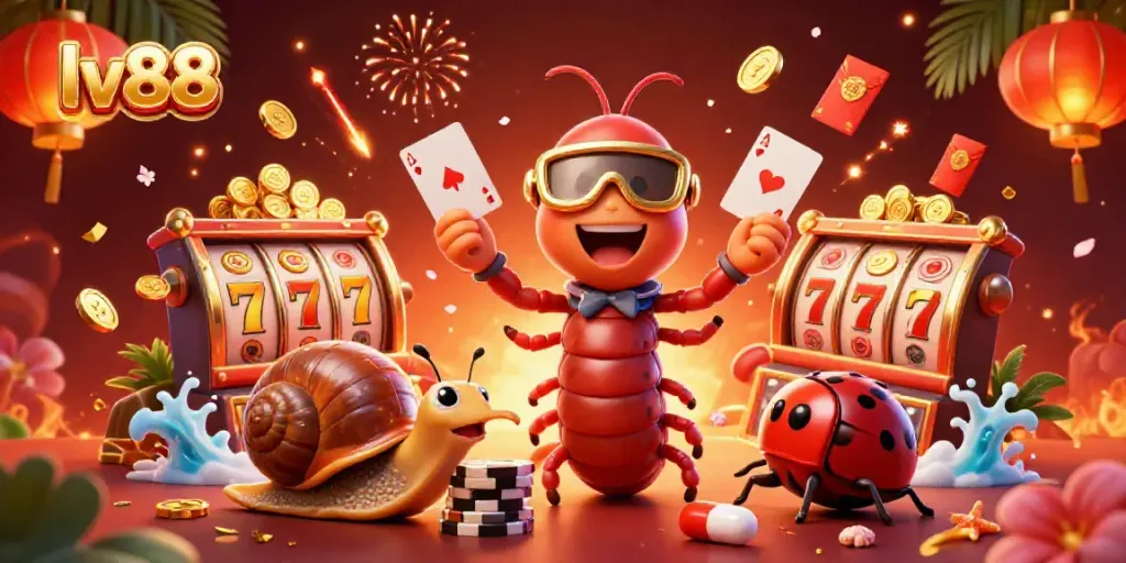Interact with lv88's vibrant casino scene featuring a fun millipede dealer and lucky symbols.