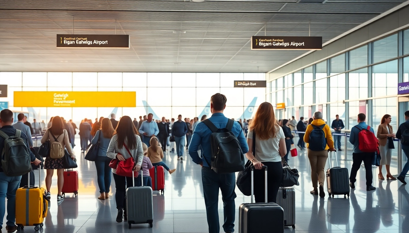 Travelers navigating Gatwick Airport’s terminal with vibrant energy.