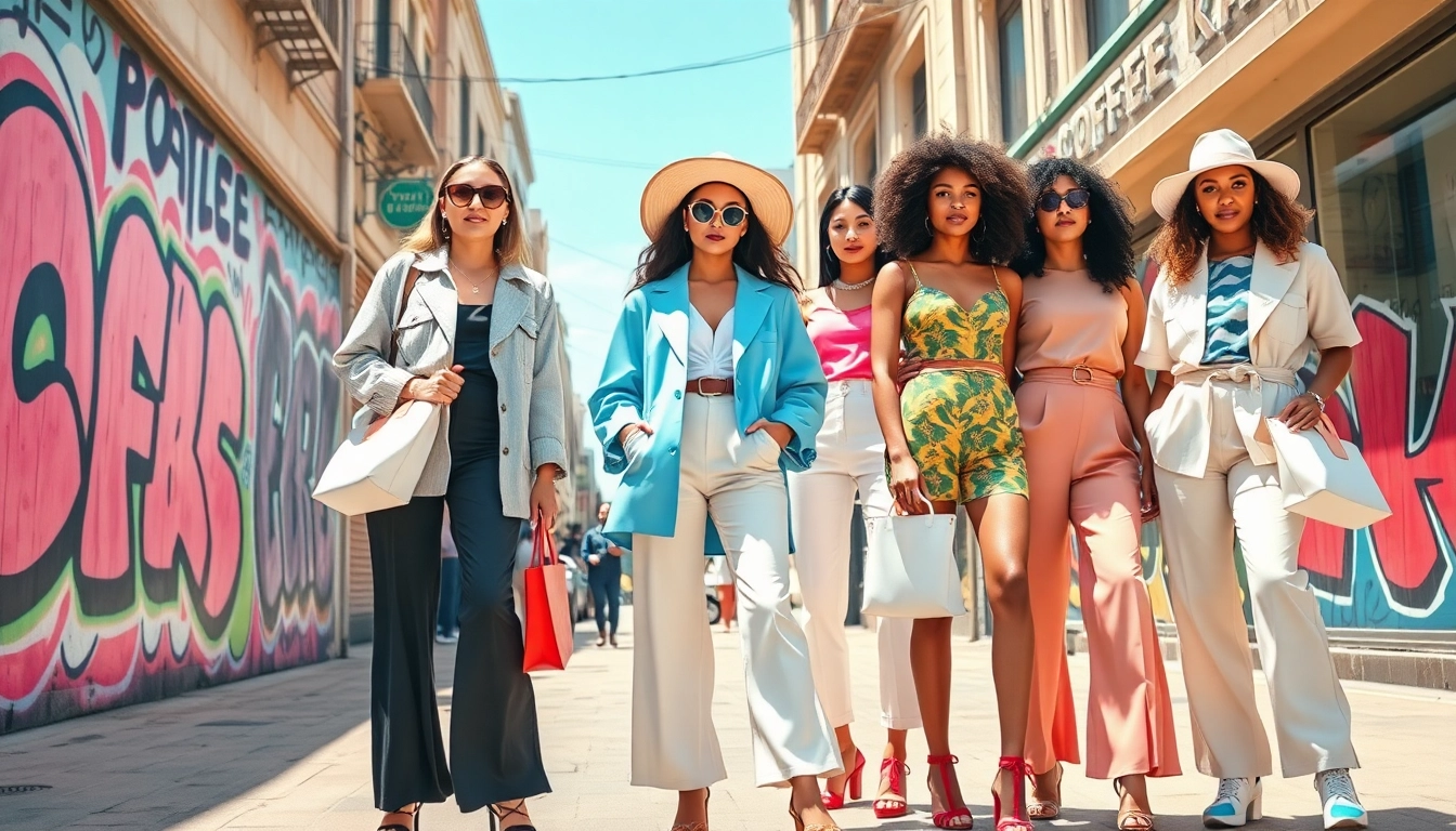 Fashion models showcase stylish Women Fashion trends in a vibrant urban setting.