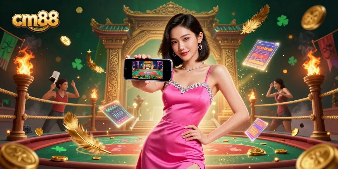 Experience thrilling live dealer games with cm88, featuring a stylish Asian woman holding a smartphone showcasing a casino game.