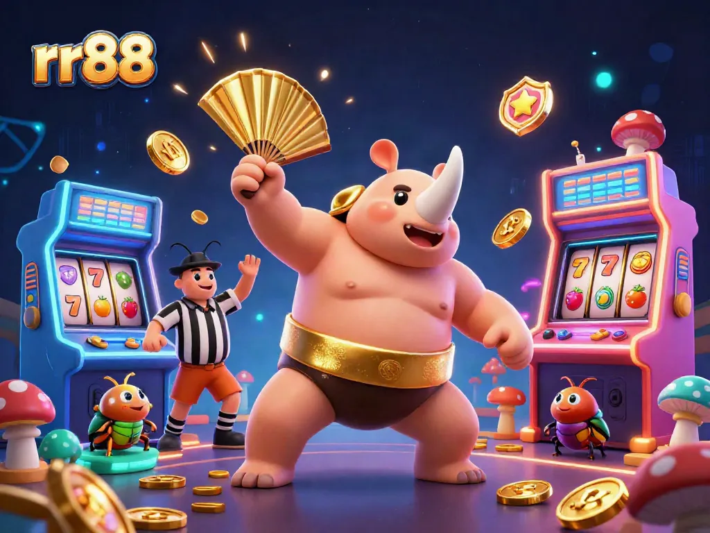 Engage in thrilling gaming at rr88 with vibrant characters and slot machines flying coins