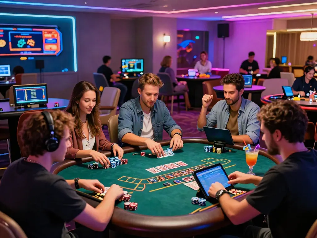 Exciting gameplay scene at an online casino that accepts credit card, showcasing diverse players enjoying baccarat around a modern table.