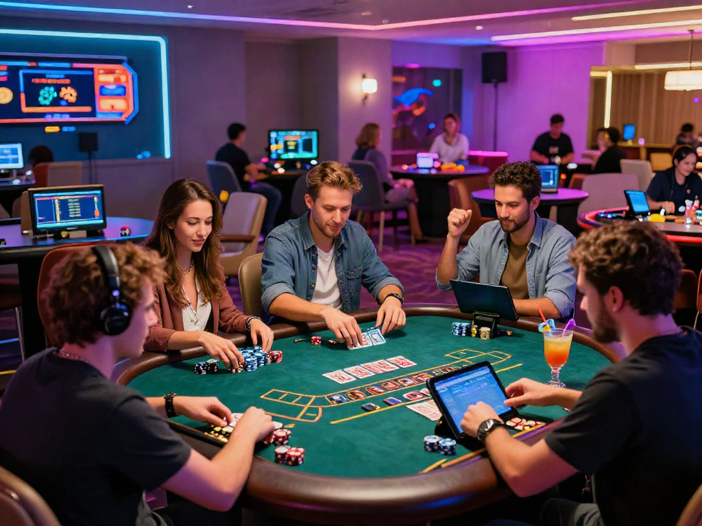 Exciting gameplay scene at an online casino that accepts credit card, showcasing diverse players enjoying baccarat around a modern table.