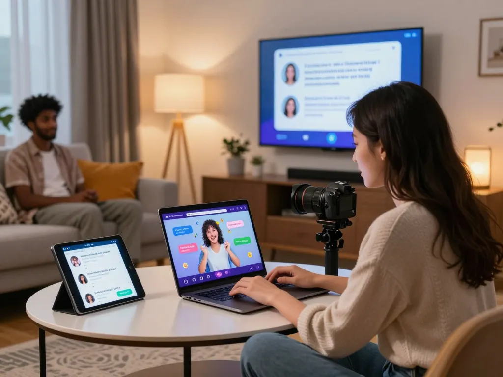 A young woman enjoying a playful interaction with a sex chat AI on her laptop in a cozy home setting, showcasing engaging AI technology.