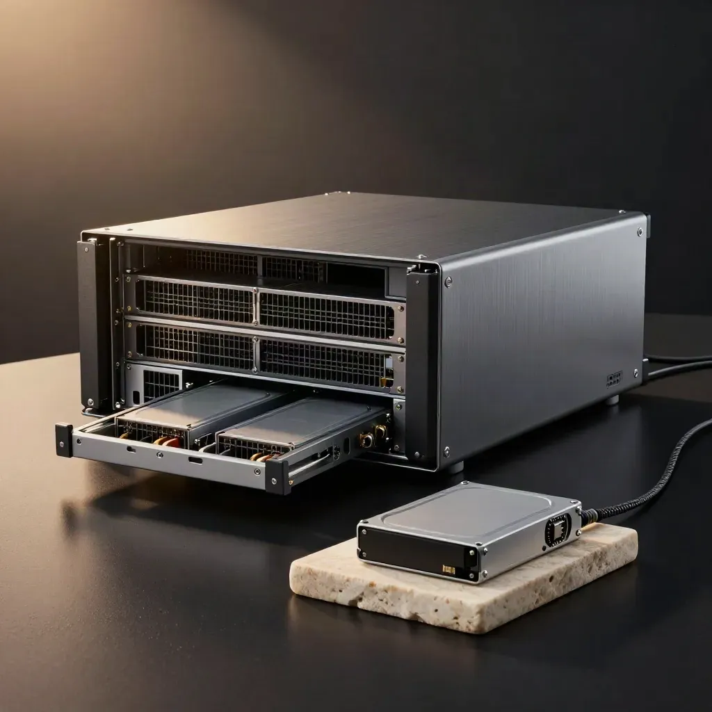 Open rack server chassis with drive caddies on pale stone, dark studio light, premium tech hero.