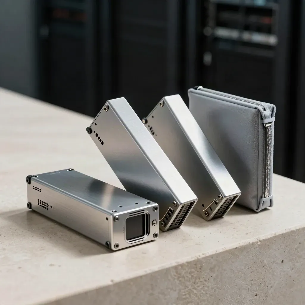 Three SSD trays and a sealed cable pouch on pale stone with dark bokeh lighting.