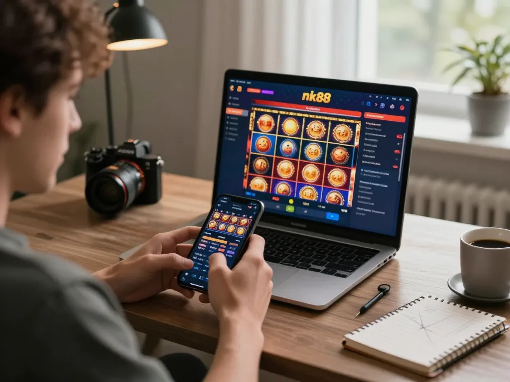 Engaging with nk88 casino app on smartphone in a cozy home setup, focusing on vibrant gaming interface