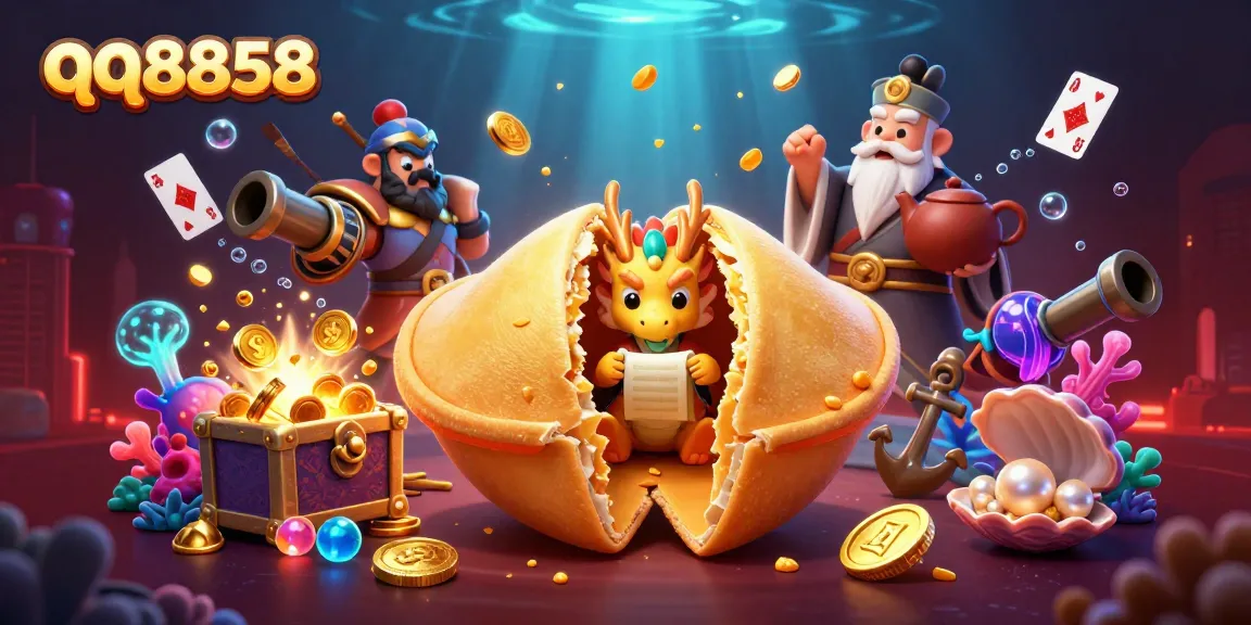 Engage with qq8858's dynamic casino world featuring gold-loaded fortune cookies and vibrant treasure elements.