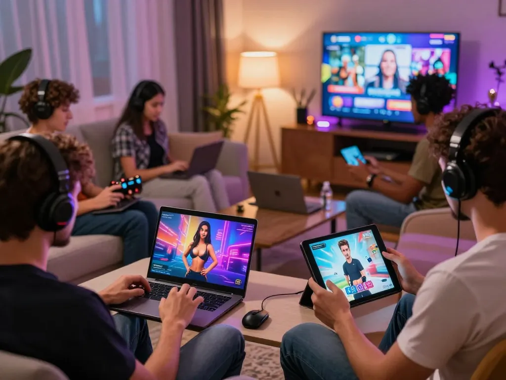 Engaging scene of players enjoying porn games online in a cozy living room environment, showcasing diverse adult gaming experiences.