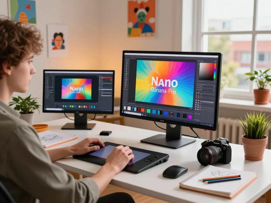 Digital artist using nano banana pro to enhance AI image editing in a creative workspace.