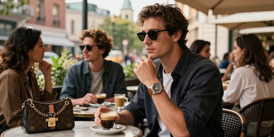 Showcasing an individual wearing a stylish clone watch while enjoying time at an outdoor café, representing luxury.