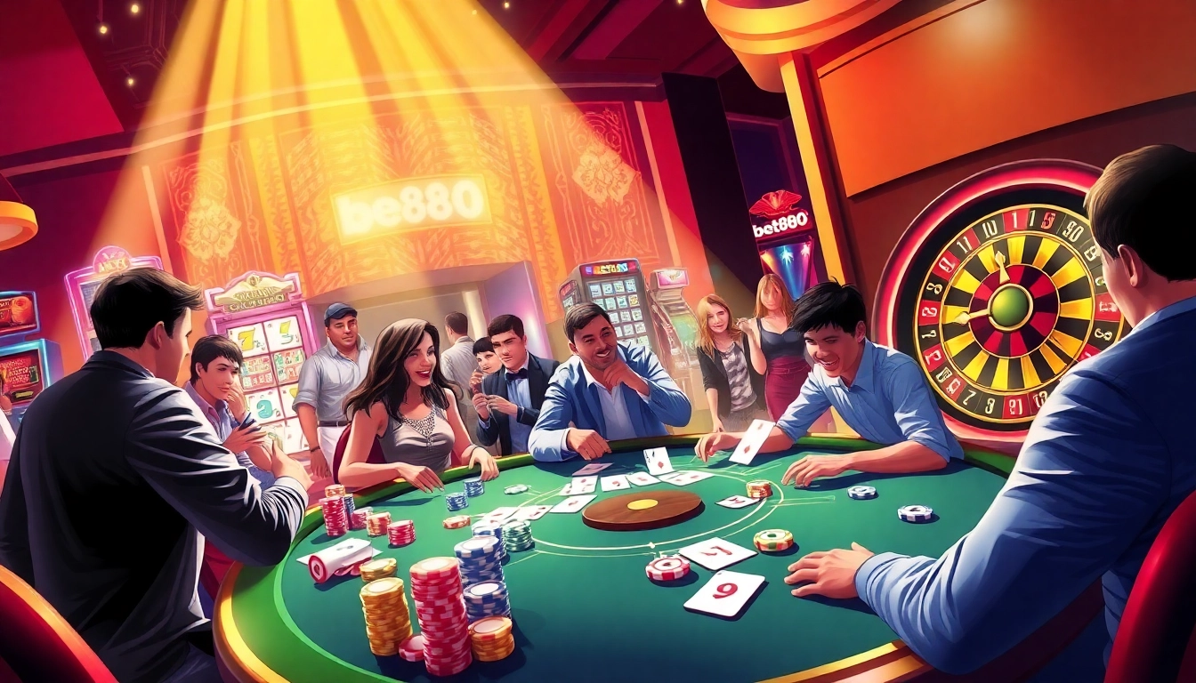 Experience the thrill of betting at bet888 with vibrant players at a casino table, lively slots, and a roulette wheel.