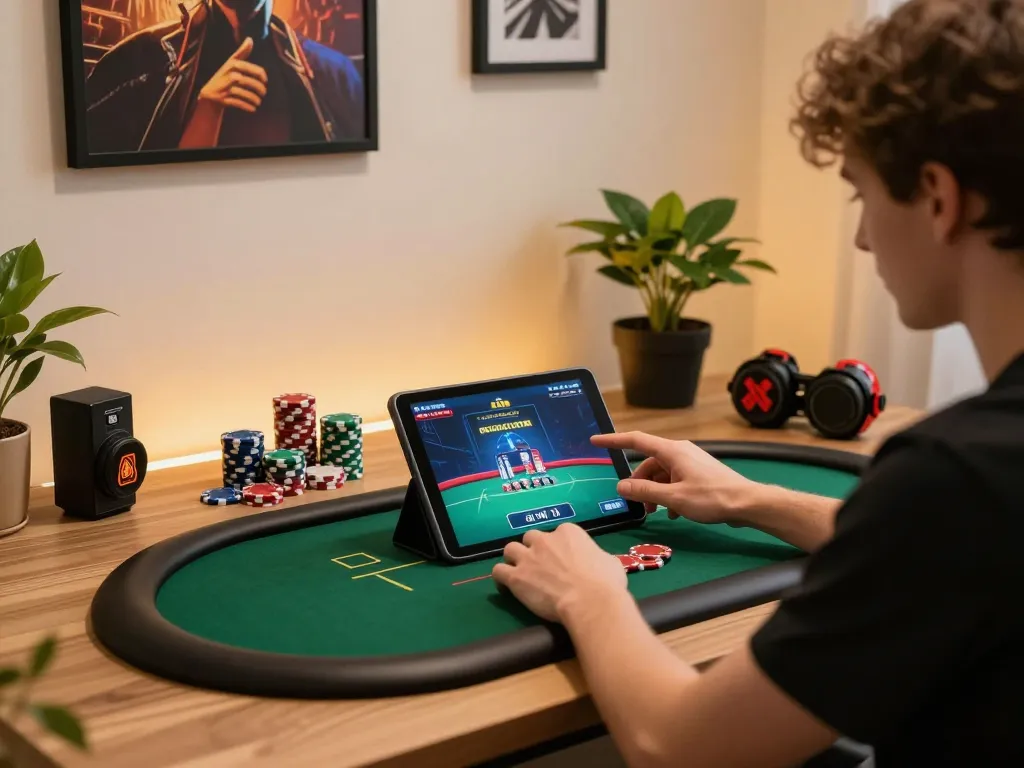 Player enjoying poker on a tablet while tracking mn88 strategies on a modern desk with chips and notes.