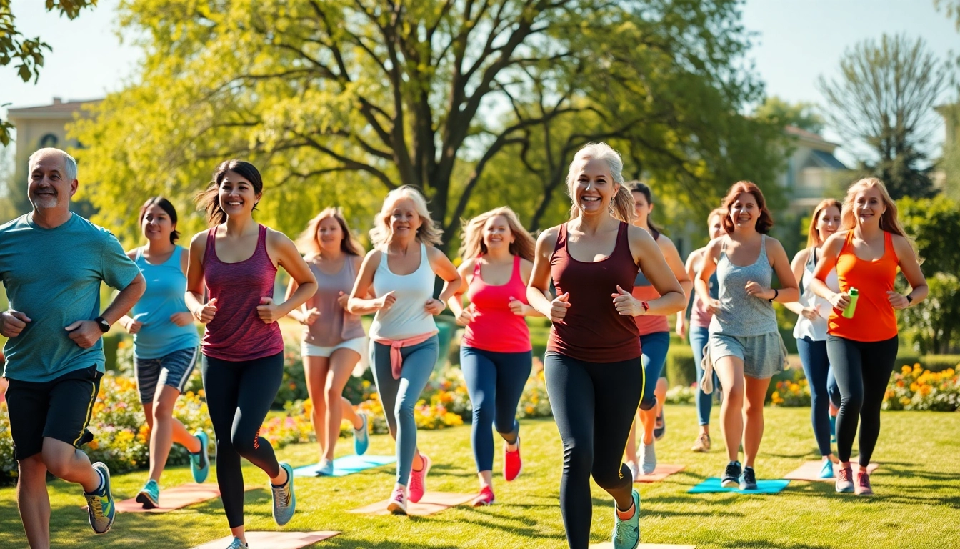 Group exercising outdoors, promoting Weight Loss through fitness and community engagement.