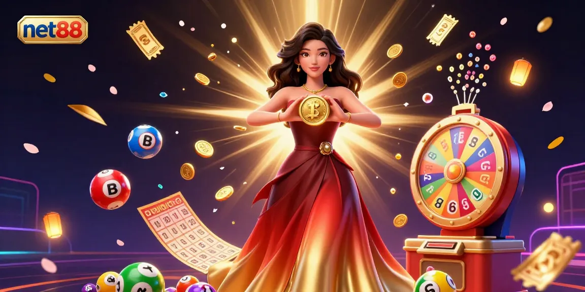 Experience the thrill of net88 with a stunning 3D casino scene showcasing vibrant lottery games.