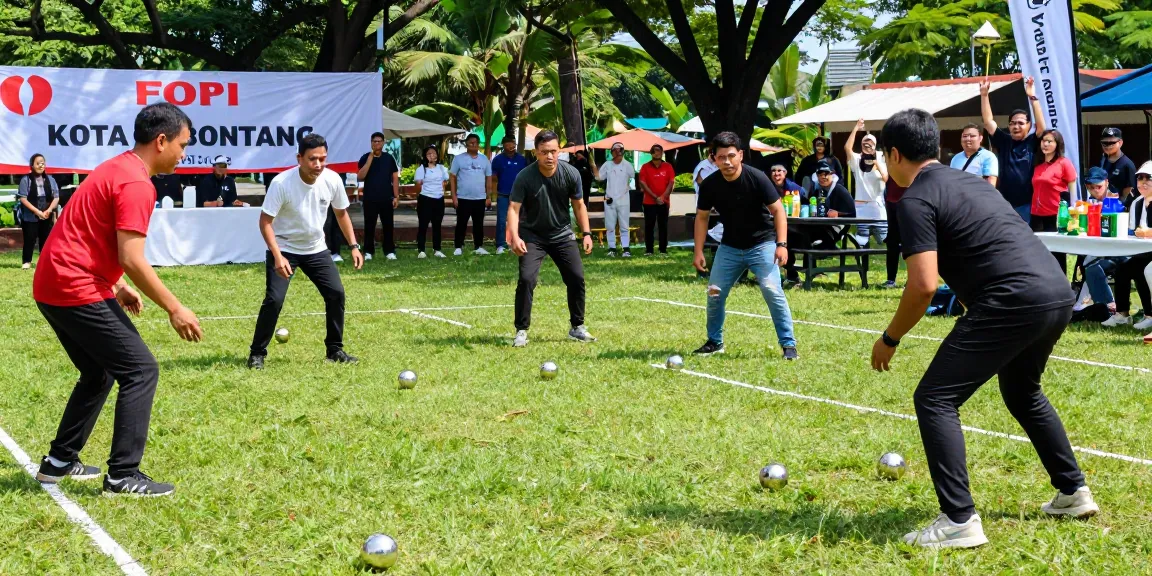 Petanque tournament at FOPI Kota Bontang, vibrant atmosphere with players and spectators.