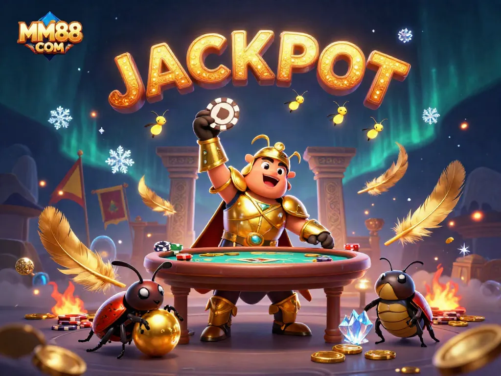 MM88 COM celebrates winning with a vibrant 3D beetle scene showcasing poker excitement.