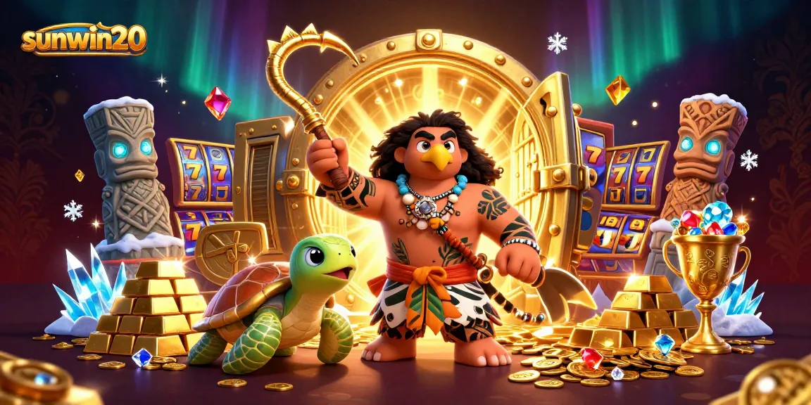 Engage in the thrill of sunwin20 with a vibrant 3D scene featuring a Maui-style hawk and treasure.