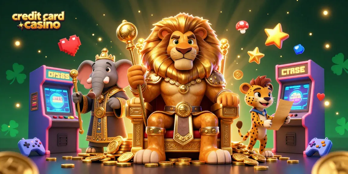 Engage with the vibrant credit card casino world featuring a lion king, elephant advisor, and cheetah messenger.